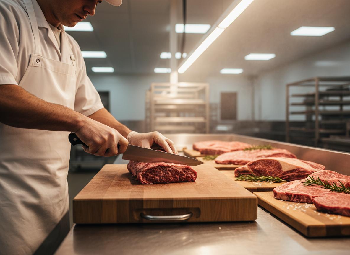 Macellaio al lavoro dietro il banco di una macelleria certificata Halal